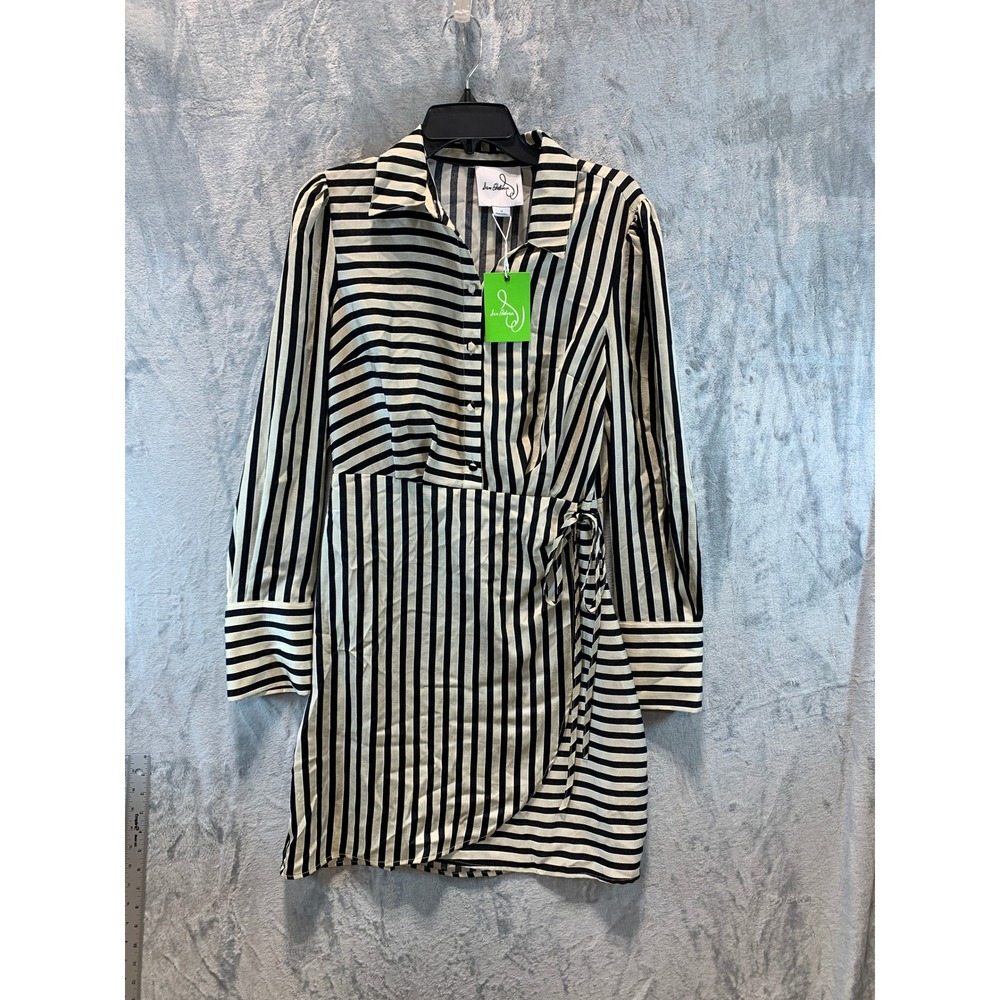 Sam Edelman Cabana Shirt Dress Black Ivory Stripe Wrap Mini 10 11R511 NEW